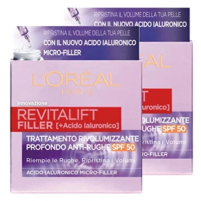 Abbildung von L&#039;Oréal Paris Revitalift Filler Tagescreme Tiefen Anti Falten Schutz SPF50 mit Hyaluronsäure Micro Füllstoff 2 Dosen à 50 ml