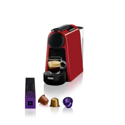 Abbildung von Nespresso De&#039;Longhi Essenza Mini EN 85.R Kaffeekapselmaschine, Welcome Set mit 7 Kapseln in unterschiedlichen Geschmacksrichtungen, 19 bar Pumpendruck, Platzsparend, 0,6 l, Rot