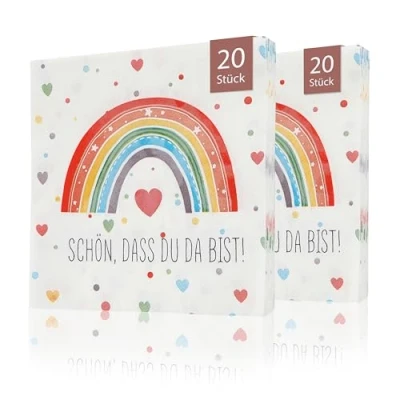 Abbildung von CraftWerk Servietten Regenbogen 40er Pack Deko mit Spruch Schön dass Du da bist für Kindergeburtstag, Geburtstag oder Einschulung 32 x32 cm