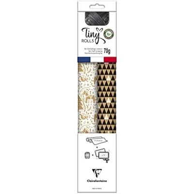 Abbildung von Clairefontaine 223888C Set Tiny Rolls, 2 Geschenkpapierrollen 5x0,35m, 70g + 1 Rolle Geschenkband 10 Geschenketiketten, Kraftpapier, weiß/schwarz