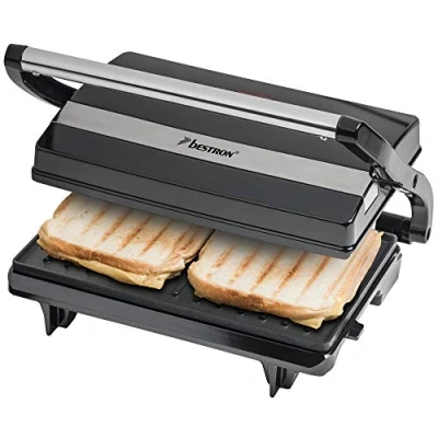 Abbildung von Bestron elektrischer Kontaktgrill mit Auffangschale, Sandwichmaker Cool Touch Handgriff, Paninimaker Antihaftbeschichtung, 700 Watt, APM123Z, Farbe: Schwarz, 22,5 x 14 cm