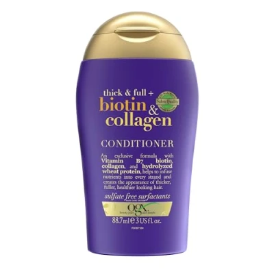 Abbildung von OGX Thick &amp; Full + Biotin Collagen Conditioner (88,7 ml), nährstoffreiche Volumenconditioner Haarspülung mit Biotin, Kollagen und Weizenproteinen, Haarpflege, sulfatfrei