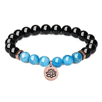 Abbildung von COAI Geschenkideen Heilstein Armband aus Schwarzem Turmalin Schörl und Apatit mit Lotus Charm für Damen