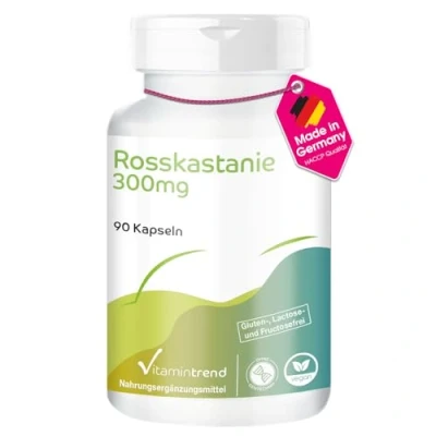 Abbildung von Rosskastanie 300mg 90 Kapseln mit 900mg Rosskastanienextrakt davon 180mg Aescin pro Tagesdosis hochdosiert vegan bioverfügbare Supplements aus Deutschland Vitamintrend