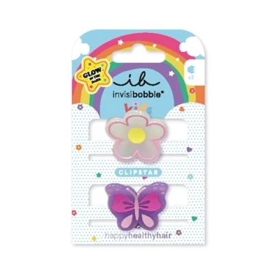 Abbildung von invisibobble CLIPSTAR GLOW KIDS HAPPY FLOWER 2 Stück leuchtende Kinder Haarspangen Blume und Schmetterling Design Rutschfeste Haarclips für gesundes Haar Perfekt Mädchen