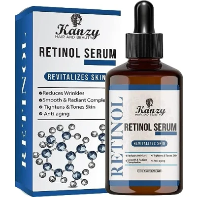 Abbildung von KANZY Retinol Serum 2.5% für Gesicht Bestes Anti Aging feuchtigkeitsspendende Gesichtspflege gegen Falten &amp; Altersflecken mit Hyaluronsäure, Vitamin C, A E, Jojobaöl Aloe Vera 30ml