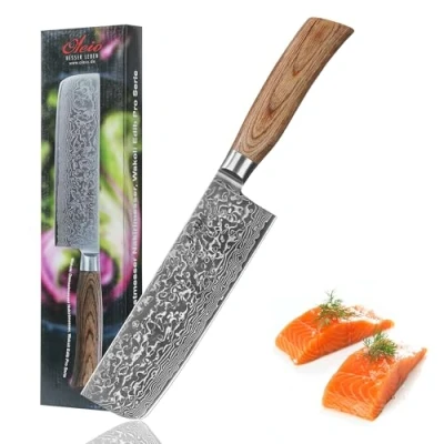 Abbildung von Wakoli EDIB Pro Premium Nakiri Messer mit 18 cm Klinge gefertigt aus 67 Lagen echtem Damaststahl Pakkaholzgriff I Damastmesser Küchenmesser und Profi Kochmesser