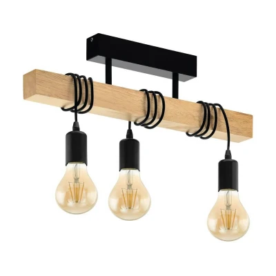 Abbildung von EGLO Deckenlampe Townshend, 3 flammige Vintage Deckenleuchte im Industrial Design, Retro Pendelleuchte aus Stahl und Holz, Schwarz, braun, FSC zertifiziert, E27 Fassung