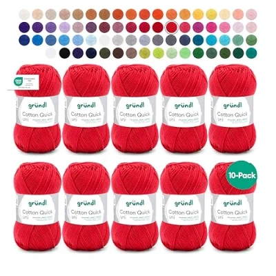 Abbildung von Gründl Wolle Cotton Quick uni dünne zum Häkeln Strickgarn Häkelgarn Glänzend und hautfreundlich 100% Baumwolle 10 Knäuel 50 g / 125 m Nadelstärke 3 4 feuerrot