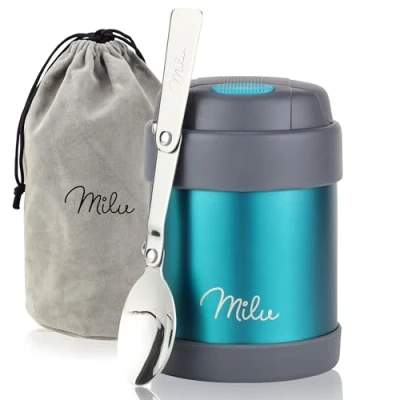 Abbildung von Milu® Thermobehälter für Essen Kinder 300ml, Edelstahl Warmhaltebehälter mit Löffel, Thermobecher 100% Auslaufsicher, Thermo Lunchbox, Thermobox Suppen, Babybrei, Speisebehälter Grün, 300ml