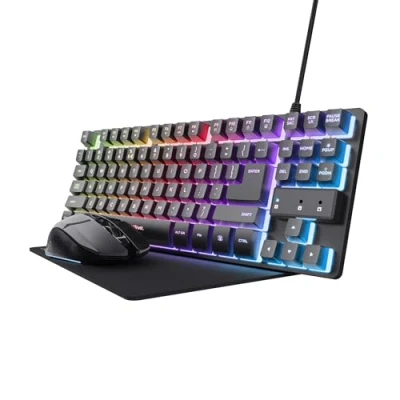 Abbildung von Trust GXT 1794 Set Gaming Tastatur QWERTZ DE Layout mit Funkmaus und Mauspad, 3 in 1 LED Paket, Wiederaufladbare Kabellose Maus 80 Stunden Akkulaufzeit, Kompakte TKL USB PC, Schwarz