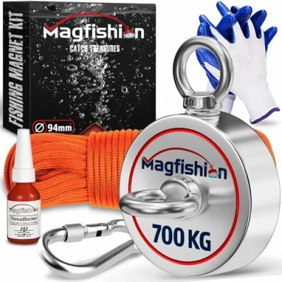 Abbildung von MAGFISHION Magnetfischen Set 700 KG (2 x 350kg) Ø94mm Neodym Magnet mit Seil (20M) &amp; Handschuhe Fischen Angel Ösenmagnet Fishing Magnetangel Magnetangeln
