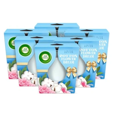Abbildung von Air Wick Wohlfühl Duftkerze im Glas Duft: Cotton Flower Dream Je bis zu 20 Stunden Brenndauer Enthält natürliche ätherische Öle 6 x 105 g Duftkerzenset