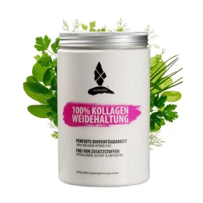 Abbildung von PRIMALIFE Collagen Pulver 500g 100% reines Kollagen aus Weidehaltung Hoher Proteingehalt Mit 9,6g Eiweiß pro Portion Peptiden Typ 1, 2 &amp; 3