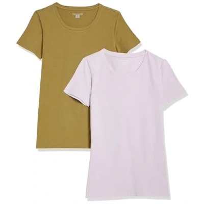 Abbildung von Amazon Essentials Damen Kurzärmeliges T Shirt mit Rundhalsausschnitt, Klassischer Schnitt, 2er Pack, Lavendel/Olivgrün, XL