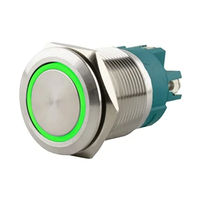 Abbildung von SeKi Edelstahl Drucktaster Ø22mm tastend flacher Kopfform farbig beleuchtetem LED Ring in grün Schraubanschluss; Klingeltaster
