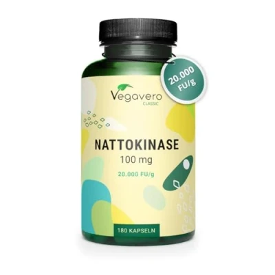 Abbildung von NATTOKINASE Kapseln hochdosiert 20.000 FU/g Aus Natto fermentierte Sojabohnen 180 Laborgeprüft Vegan ohne Zusatzstoffe Deutsche Produktion Vegavero®