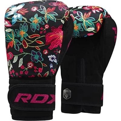Abbildung von RDX Boxhandschuhe Frauen Damen, Kickboxen Muay Thai Sparring, Blumen Rosa Schwarz Boxing Gloves Women, Kampfsport MMA Boxsack Training, Punchinghandschuhe Kickboxhandschuhe Sandsack, 8 10 12 Oz