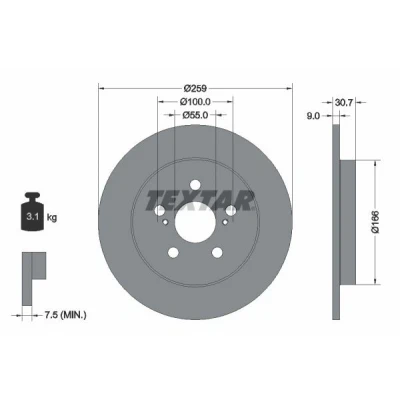 Abbildung von TEXTAR PRO 92224003 Bremsscheibe 259 9 05/07 100 voll beschichtet ohne Radbefestigungsbolzen, Radnabe TOYOTA: Prius III Hatchback, Verso S