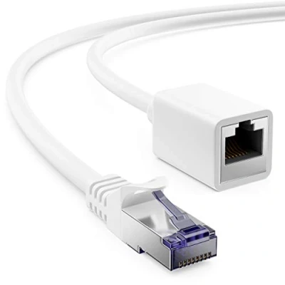 Abbildung von deleyCON 10m CAT7 Patchkabel Verlängerung für Ethernet LAN Netzwerkkabel CAT 7 Rohkabel mit RJ45 Stecker auf Buchse S/FTP Kupfer PiMF 600 MHz Weiß