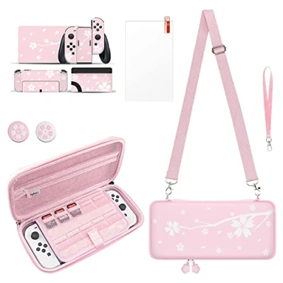 Abbildung von Mytrix Süße Sakura Tragetasche für Switch OLED, Tragbare Hartschalentasche Konsolenzubehör, Reise Aufbewahrungstasche Switch, Schutzhülle mit 10 Spielkartenfächern, Rosa Kirschblüten