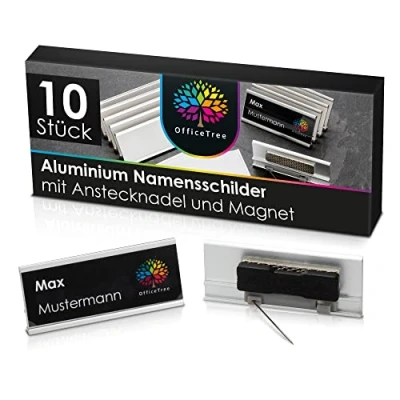 Abbildung von OfficeTree 10x Aluminium Namensschilder Magnet und Anstecknadel für Kleidung Nametag Namenschilder mit Messen Seminare Events Namensschild Nadel