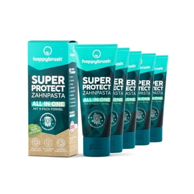 Abbildung von happybrush® Zahnpasta SuperProtect mit Minz Geschmack nachhaltige für Rundumschutz Vorratspack (5 x 75ml)