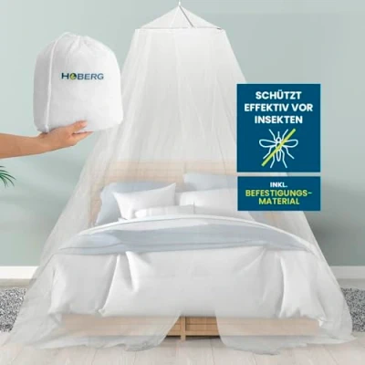 Abbildung von HOBERG Moskitonetz Reise XXL Mückennetz Bett für Kinderbett, Einzel &amp; Doppelbett 0,6m x 2,5m 12m Outdoor Moskitozelt Kleben oder Bohren Insekten Baldachin mit Spannring