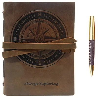 Abbildung von Leder Notizbuch A5 Tagebuch Journal Geprägt Kompass Handgefertigte Reisetagebuch, Vintage Notebook Für Männer Frauen Antik Rustikal Echtes 21X15Cm Geschenk Sketchbook Reisende Travelers