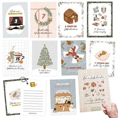 Abbildung von Papierdrachen Karten Adventskalender 2024 zum Selbstgestalten u. Verschenken 24 Tage Challenge Postkarten Geschenkidee in der Vorweihnachtszeit mit liebevollen Motiven Aufhängen Set 8
