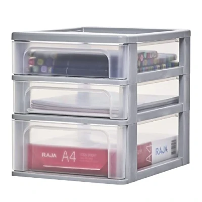 Abbildung von Iris Ohyama, Schreibtisch Organizer mit 2 flache und 1 tiefe Schublade, Grau, Easy Pull System, A4, A5 &amp; A6 Format, für Büro, Schule, Schreibwaren, BPA frei, Drawer, OCH 2021