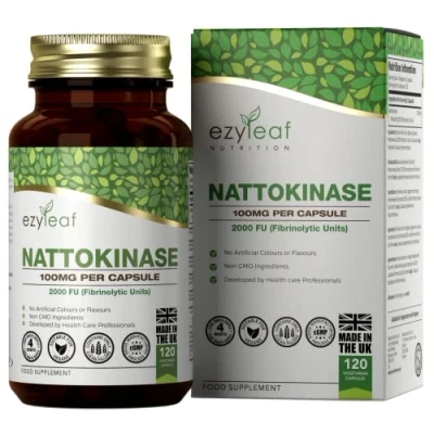 Abbildung von Ezyleaf Nattokinase 100mg 2000FU 120 Vegane Kapseln Natto Fermentierte Sojabohnen Ohne künstliche Inhaltsstoffe ISO Zertifiziert, Vegan, Milchfrei , Gluten &amp; Gentechnikfrei Aus GB