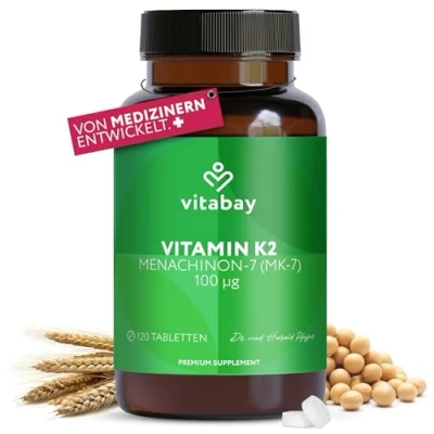 Abbildung von Vitabay Vitamin k2 100 µg hochdosiert (mcg) VEGAN 120 Tabletten MK7 MK 7 aus natürlichen Zutaten und laborgeprüft Vit K 2 (Menaquinon 7) All Trans Form