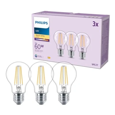 Abbildung von Philips LED Lampe E27 A60 7W 806lm 2700K Filament 3er Pack