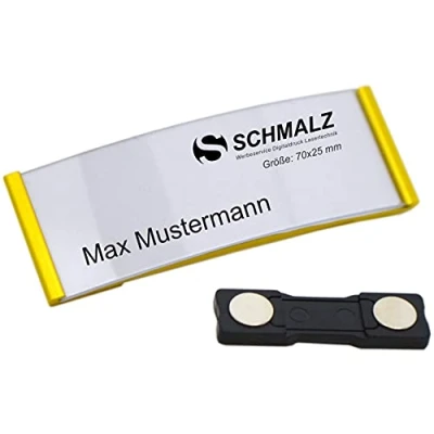 Abbildung von Schmalz® 10 STÜCK edles Aluminium Namensschilder mit starkem Magnet Doppelmagnet silber eloxiert professionelle Qualität, modisch gewölbt ca. 70x25mm Papiereinschub (gold)