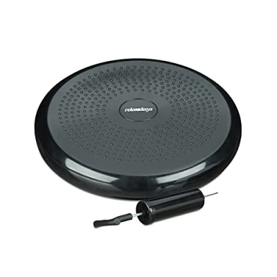 Abbildung von Relaxdays Balance Kissen, max. Gewicht 140 kg, Pad, Luftpumpe, Ballsitzkissen m. Noppen, Fitnesskissen, schwarz, 33 x 7 cm