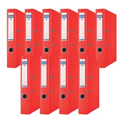 Abbildung von DONAU Premium Ordner Schmal 10er Pack/DIN A4 / 5 cm 10 Stück/Navy blau/Kunststoffbezug PP/Carton Papier Schlitzordner Büroordner Aktenordner Ringordner/Grünen Punkt, Rot
