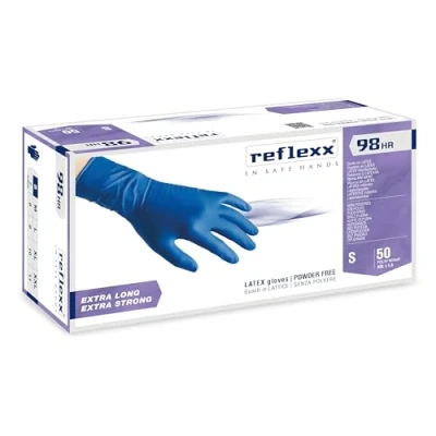 Abbildung von Reflexx R98 Latexhandschuhe mit Hoher Beständigkeit, Puderfrei, Größe S, Blau (Packung 50 Stück)