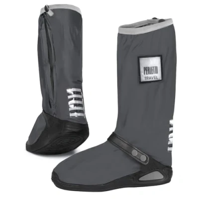 Abbildung von PERLETTI Schuhüberzieher Wasserdicht Neues Modell für Motorrad Graue Überschuhe Galoschen Rutschfest Herren Damen Regen Schnee Hohe Regenschutz Schuhe mit Reflektor (Grau, M (40/42 EU))