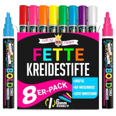 Abbildung von Chalky Crown Kreidestifte Für Tafel Abwaschbar Tafeln, Schilder, Fenster, Glas Umkehrbare Spitze (8er Pack) Mehrfarbig, 6 mm