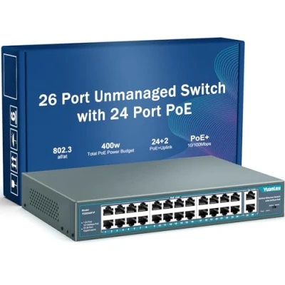 Abbildung von YuanLey 26 Port PoE Switch, 24 PoE+ 100Mbps, 2 Uplink Gigabit, 802.3af/at 400W, Nicht verwaltetes Plug and Play für die Rackmontage