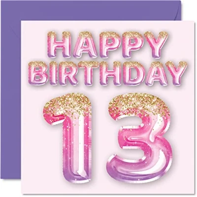 Abbildung von Geburtstagskarte zum 13. Geburtstag für Mädchen rosa und lila Glitzerballons Happy Karten 13 Jahre altes Tochter Schwester Enkelin Cousin 145 mm dreizehn dreizehnte Grußkarten Geschenk