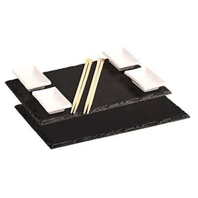 Abbildung von Kesper 2 Schieferplatten mit 4 Dipschalen + 10 Ess Stäbchen, Material: Schiefer, Maße: B: 30 x T: 20 H: 1,5 cm, Farbe: Grau 38140