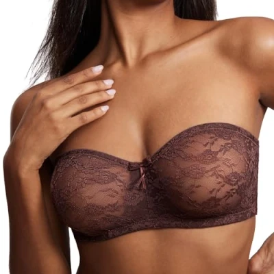 Abbildung von DOBREVA Damen Trägerloser BH mit Bügel Durchsichtig Spitze Dirndl Bandeau BHS Transparenten Trägern Haselnuss 90D