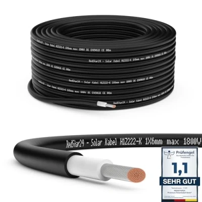 Abbildung von RedStar24 Premium Solarkabel 6mm² Schwarz 10m TÜV zertifiziert UV beständig, flexibel, Photovoltaik Kabel, PV Solar Anschlusskabel für Solarpanel, Wechselrichter &amp; Laderegler langlebig