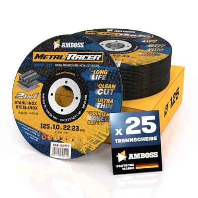 Abbildung von 25x Metall Trennscheibe Ø 125 x 1 22.23mm Die Metalltrennscheibe Metal Racer by AMBOSS WERKZEUGE ist geeignet für Stahl &amp; Edelstahl, Stahl/Inox passend Winkelschleifer