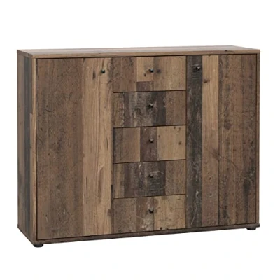 Abbildung von FORTE TEMPRA 2 Kommode mit Türen und 5 Schubladen, Holzwerkstoff, Old Wood Vintage Dekor, (B x H T) 108,8 85,5 34,8 cm
