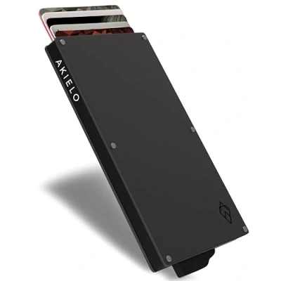 Abbildung von AKIELO Kartenetui mit RFID Schutz und Geschenkbox Minimalistische Geldbörse Herren Kompakte Wallet Kontaktloser Kreditkartenschutz (Alpha Titan Ausgabe)