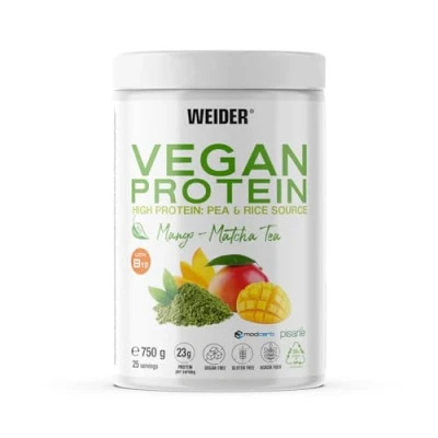 Abbildung von Weider Vegan Protein (750g) Mango Matcha Geschmack. 23g Protein/Dosis, Erbsenisolat (Pisane) &amp; Reisproteine. Mit Vitamin B12 Stevia. Glutenfrei, zuckerfrei. Verpackung 50% Recycelt, 100% Recycelbar