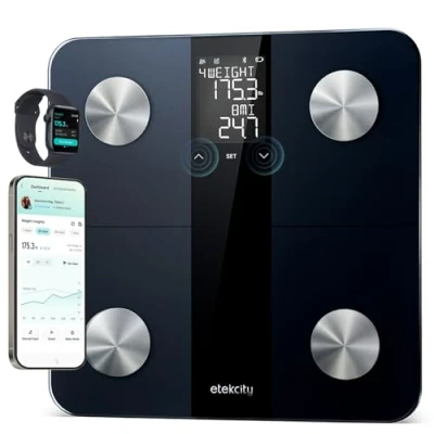 Abbildung von Etekcity Personenwaage Körperfettwaage, Waage Personen mit AC Technologie 180kg/0,05kg, Bluetooth Körperwaage APP, Körperfett und Muskelmasse, BMI, XL Display digitale